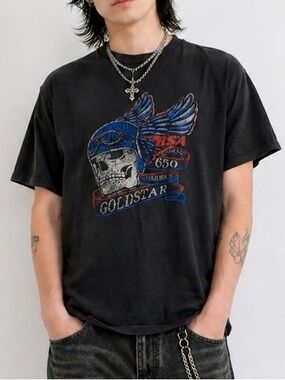BSA Goldstar Black Grunge Graphic Tee with Skull Design